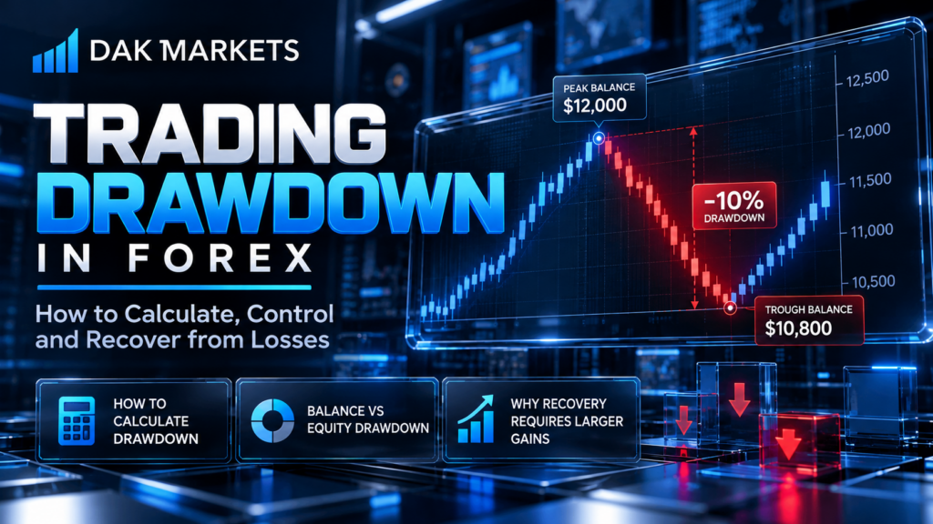 DAK Markets trading drawdown in forex infographic showing a 10% account decline from $12,000 to $10,800, with a trading chart illustrating drawdown and recovery.