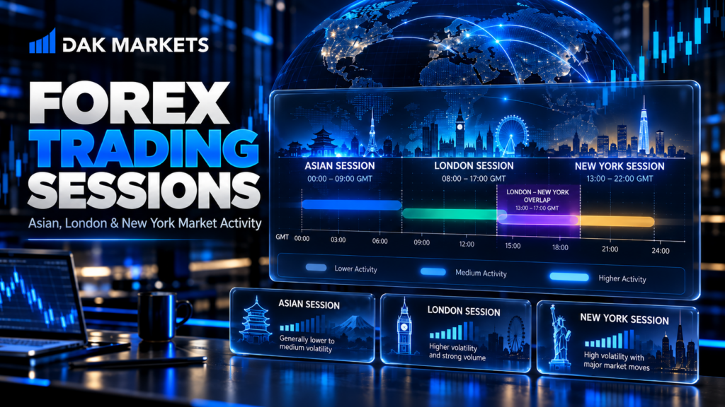 DAK Markets forex trading sessions infographic showing Asian, London and New York market hours, the London–New York overlap, and global trading activity.